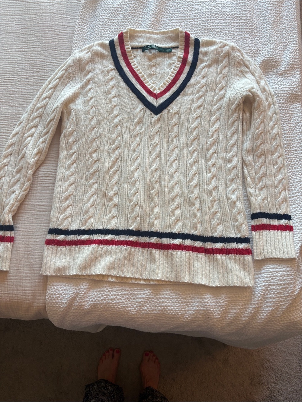 Ralph Lauren Cream Cable-Knit V-Neck Sweater with Red & Navy Trim